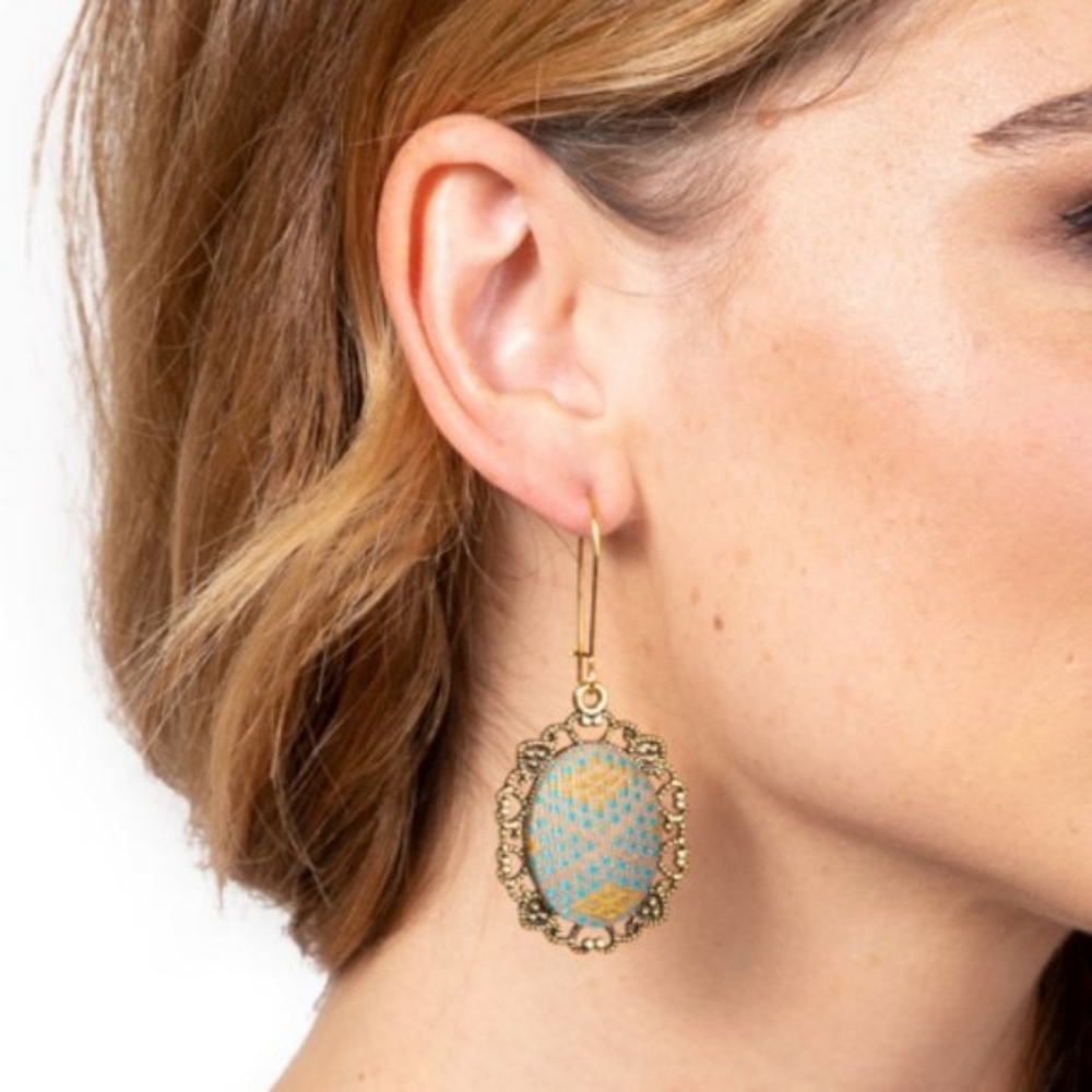 Plunder Estelle Vintage Gold Yellow Blue Fabric Oval Drop Earrings